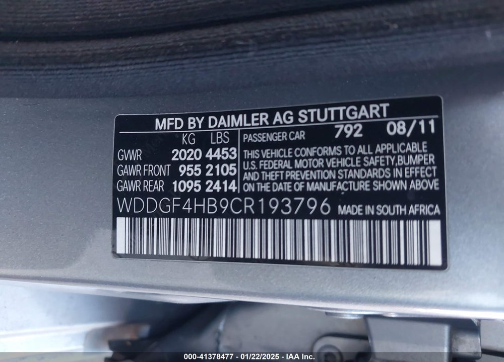 2012 MERCEDES-BENZ C VIN: WDDGF4HB9CR193796