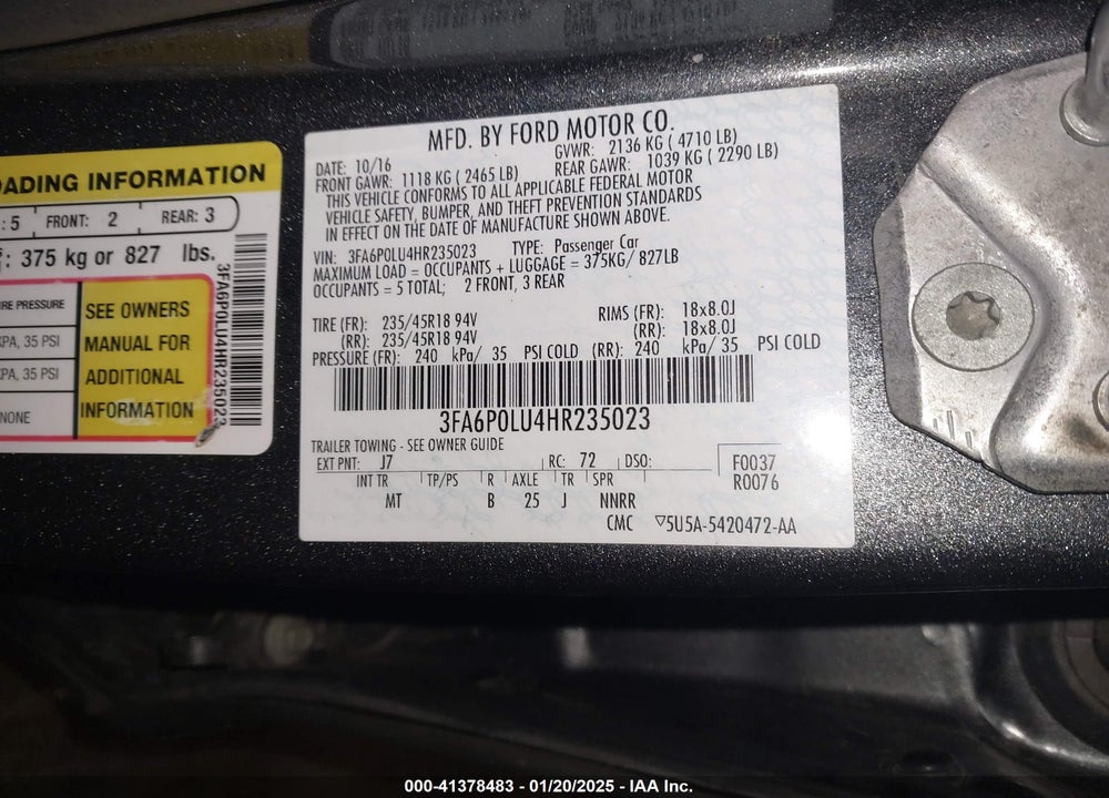 2017 FORD FUSION HYBRID VIN: 3FA6P0LU4HR235023