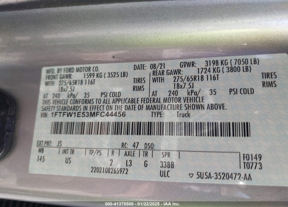 2021 FORD F150 VIN: 1FTFW1E53MFC44456