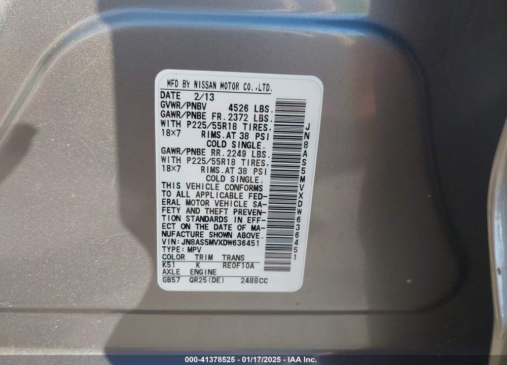 2013 NISSAN ROGUE SV W/SL PKG VIN: JN8AS5MVXDW636451