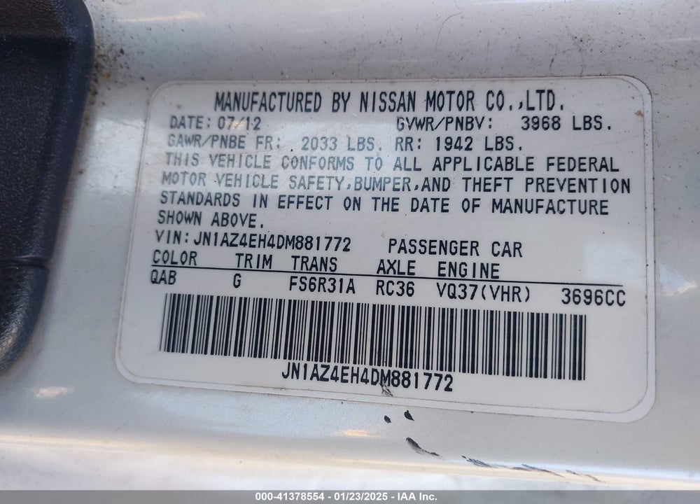 2013 NISSAN 370Z VIN: JN1AZ4EH4DM881772
