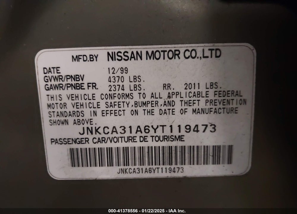 2000 INFINITI I30 LUXURY/TOURING VIN: JNKCA31A6YT119473