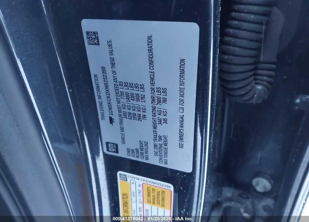 2022 CHEVROLET SUBURBAN 4WD LT VIN: 1GNSKCKDXNR252398