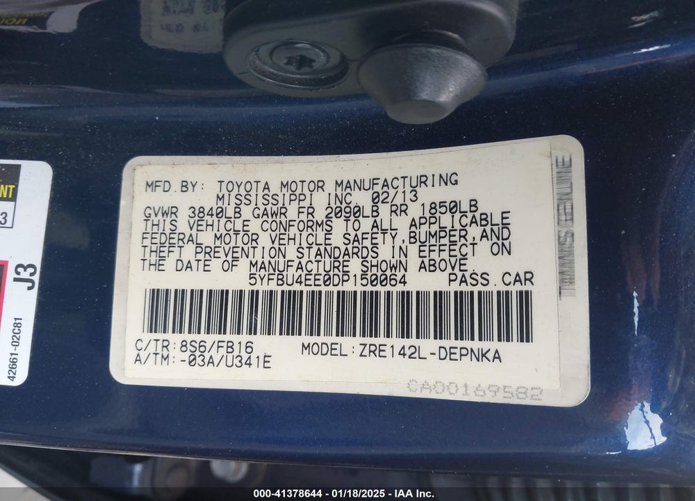 2013 TOYOTA COROLLA LE VIN: 5YFBU4EE0DP150064