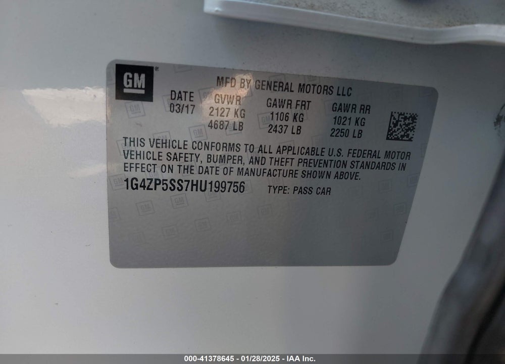 2017 BUICK LACROSSE VIN: 1G4ZP5SS7HU199756