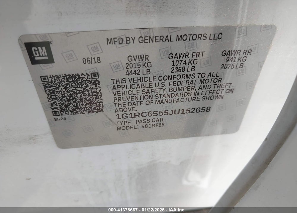2018 CHEVROLET VOLT VIN: 1G1RC6S55JU152658
