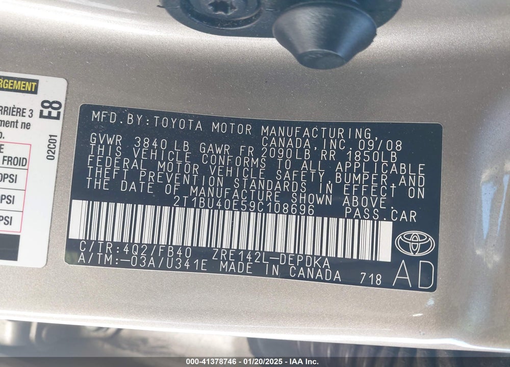 2009 TOYOTA COROLLA VIN: 2T1BU40E59C108696