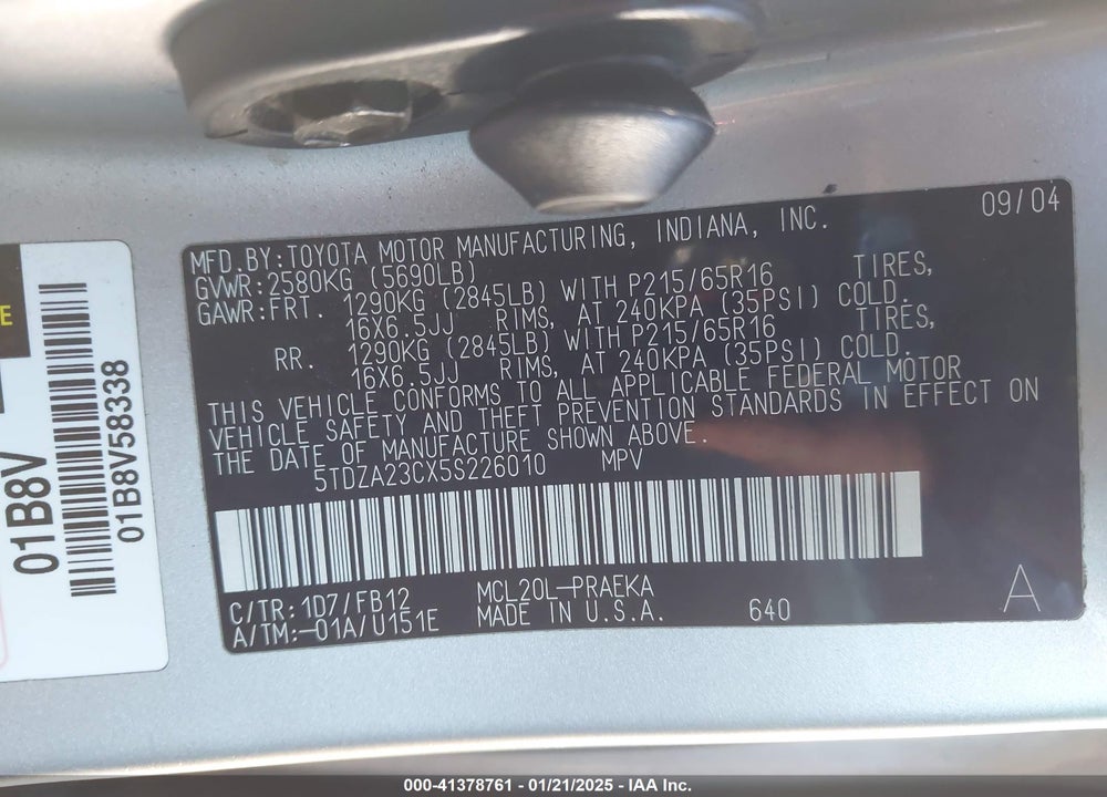 2005 TOYOTA SIENNA LE VIN: 5TDZA23CX5S226010