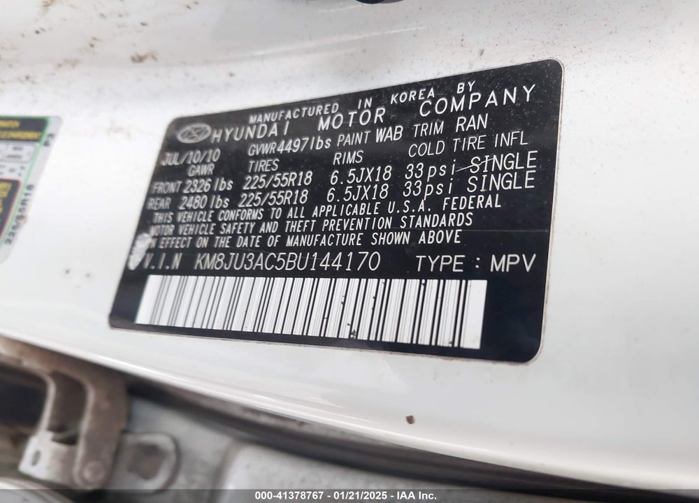 2011 HYUNDAI TUCSON LIMITED VIN: KM8JU3AC5BU144170