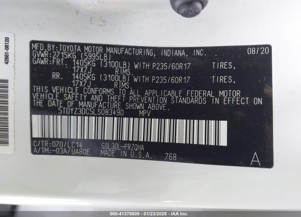 2020 TOYOTA SIENNA XLE VIN: 5TDYZ3DC5LS083490
