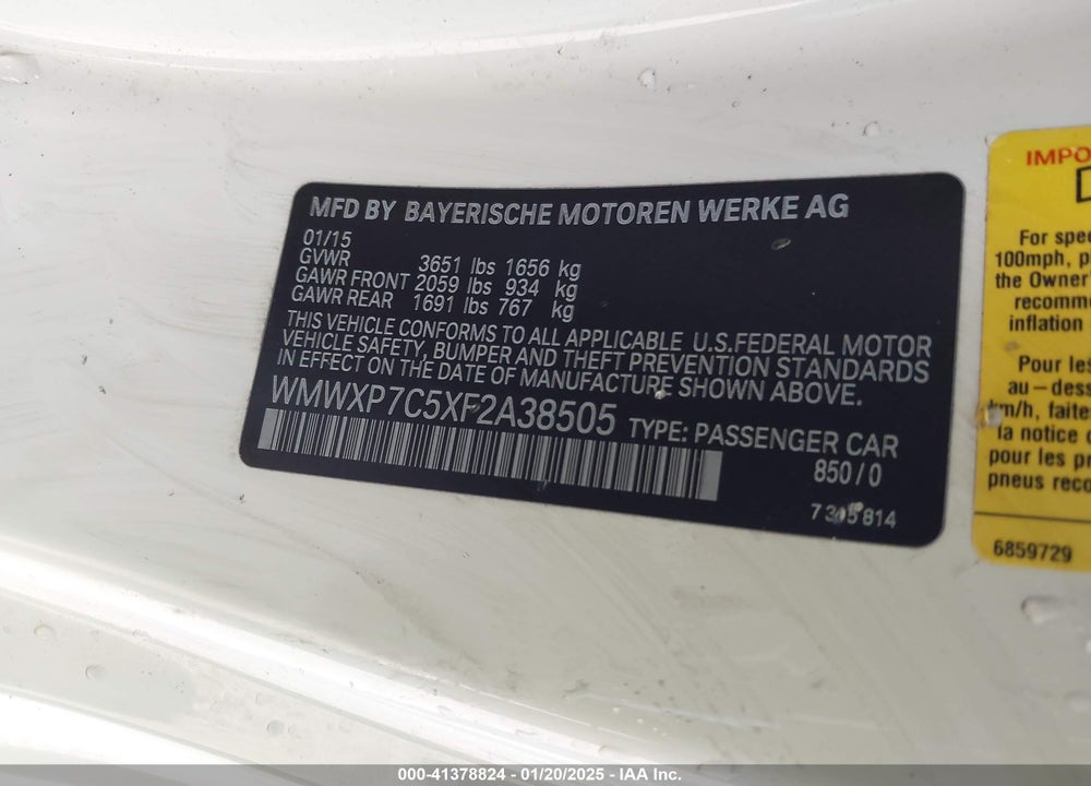 2015 MINI HARDTOP COOPER S VIN: WMWXP7C5XF2A38505