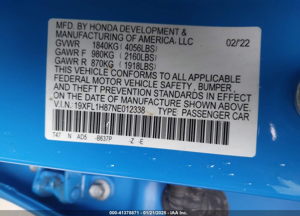 2022 HONDA CIVIC VIN: 19XFL1H87NE012338