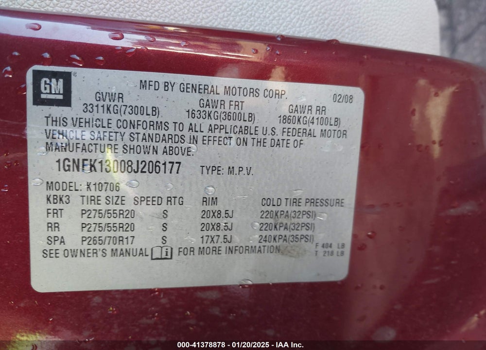 2008 CHEVROLET TAHOE LTZ VIN: 1GNFK13008J206177