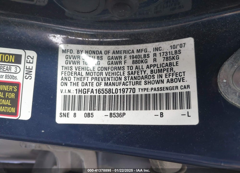 2008 HONDA CIVIC LX VIN: 1HGFA16558L019770