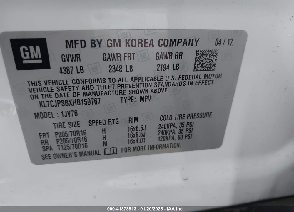 2017 CHEVROLET TRAX LT VIN: KL7CJPSBXHB159767