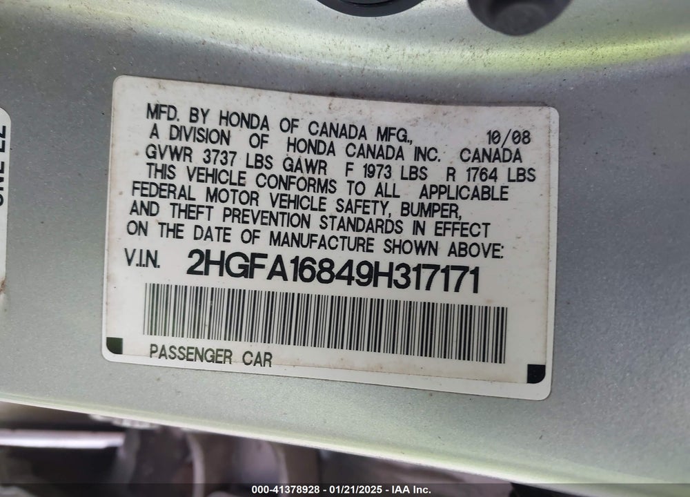 2009 HONDA CIVIC EX VIN: 2HGFA16849H317171