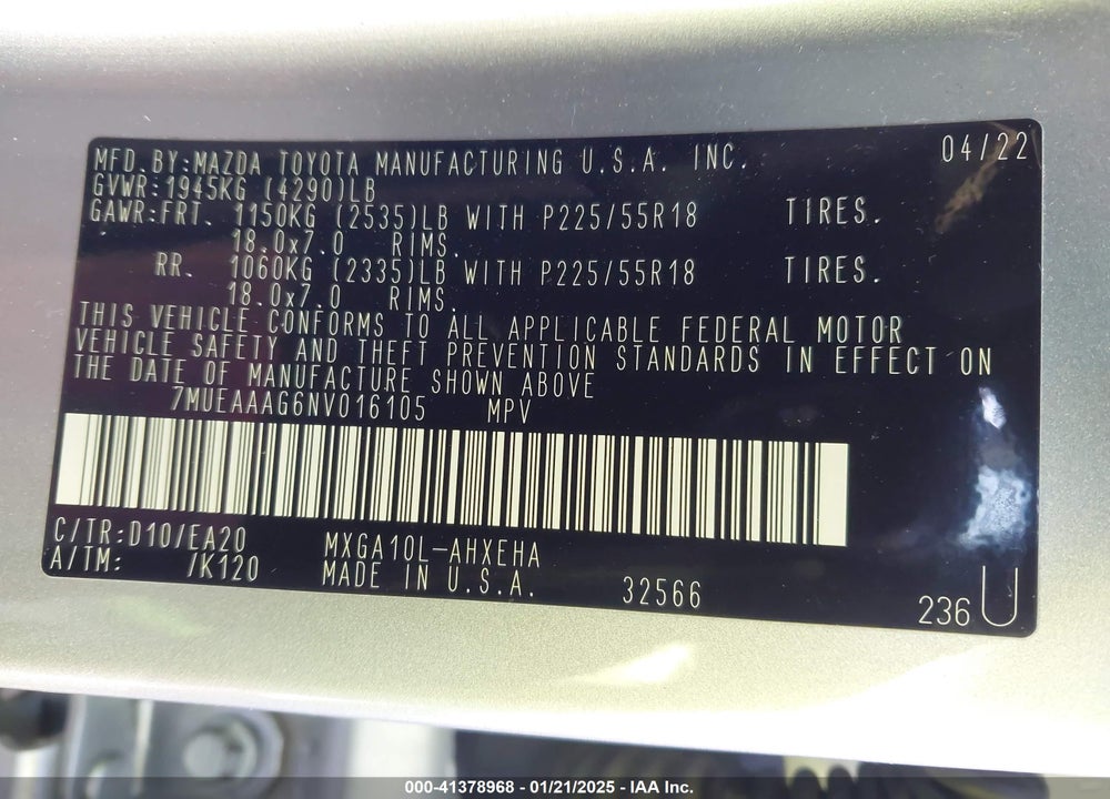 2022 TOYOTA COROLLA CROSS VIN: 7MUEAAAG6NV016105