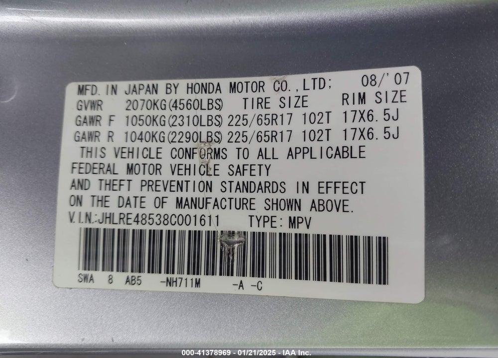 2008 HONDA CR-V EX VIN: JHLRE48538C001611