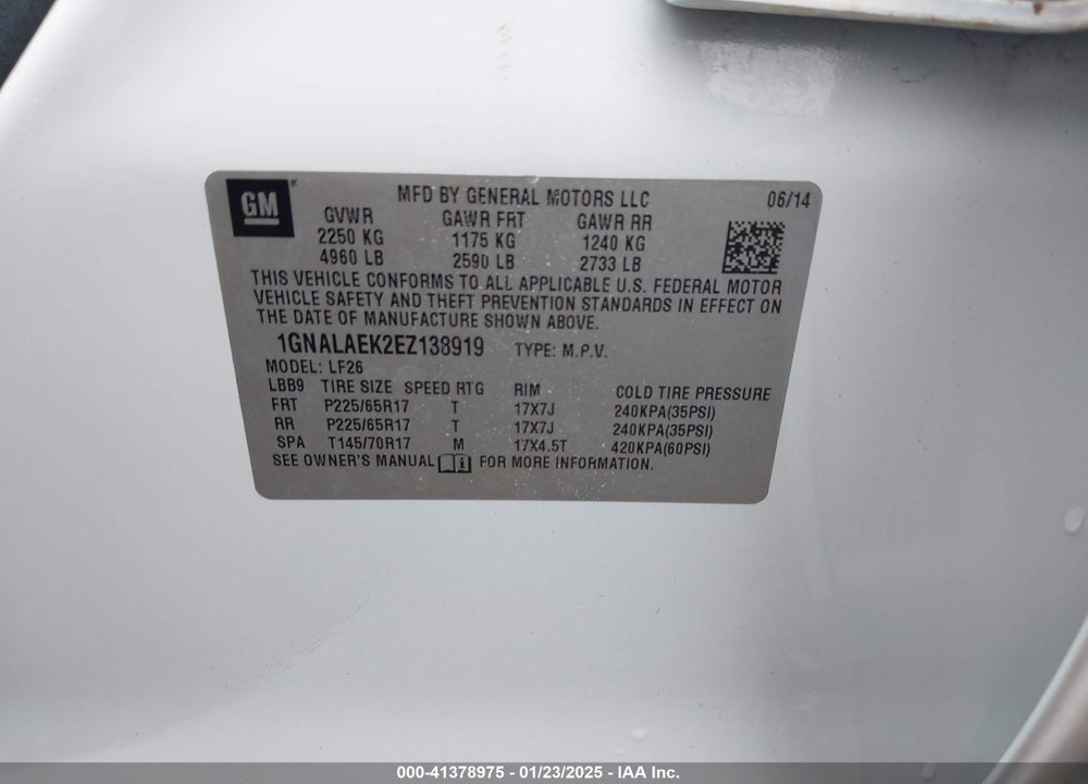 2014 CHEVROLET EQUINOX LS VIN: 1GNALAEK2EZ138919