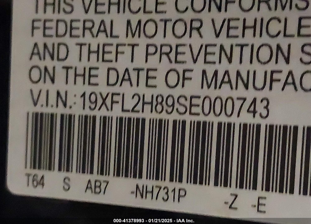 2025 HONDA CIVIC VIN: 19XFL2H89SE000743