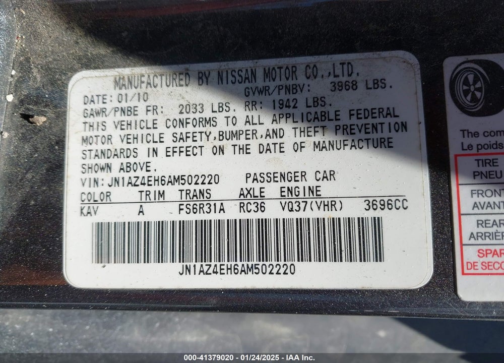 2010 NISSAN 370Z TOURING VIN: JN1AZ4EH6AM502220