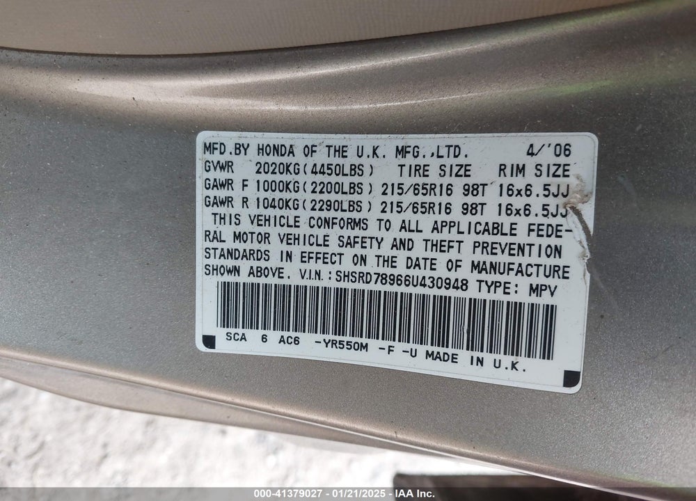 2006 HONDA CR-V SE VIN: SHSRD78966U430948