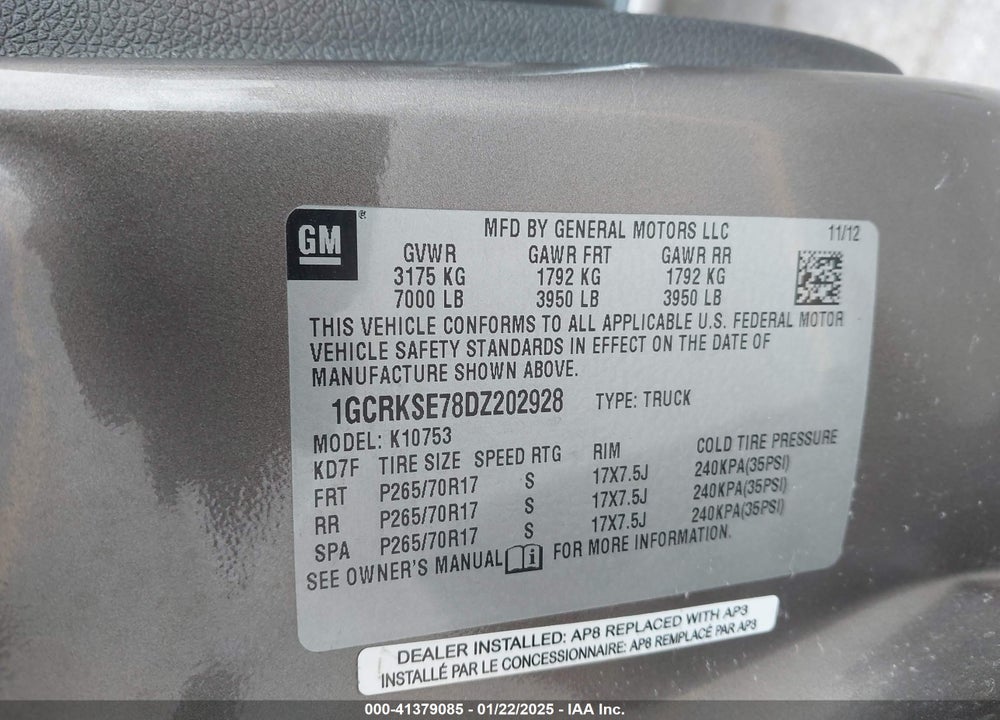 2013 CHEVROLET SILVERADO 1500 VIN: 1GCRKSE78DZ202928