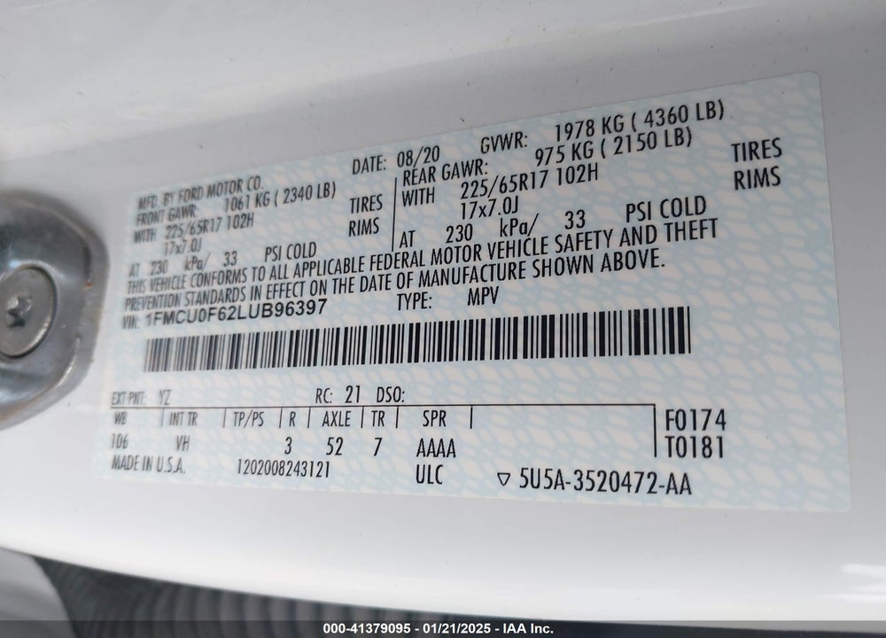 2020 FORD ESCAPE S VIN: 1FMCU0F62LUB96397