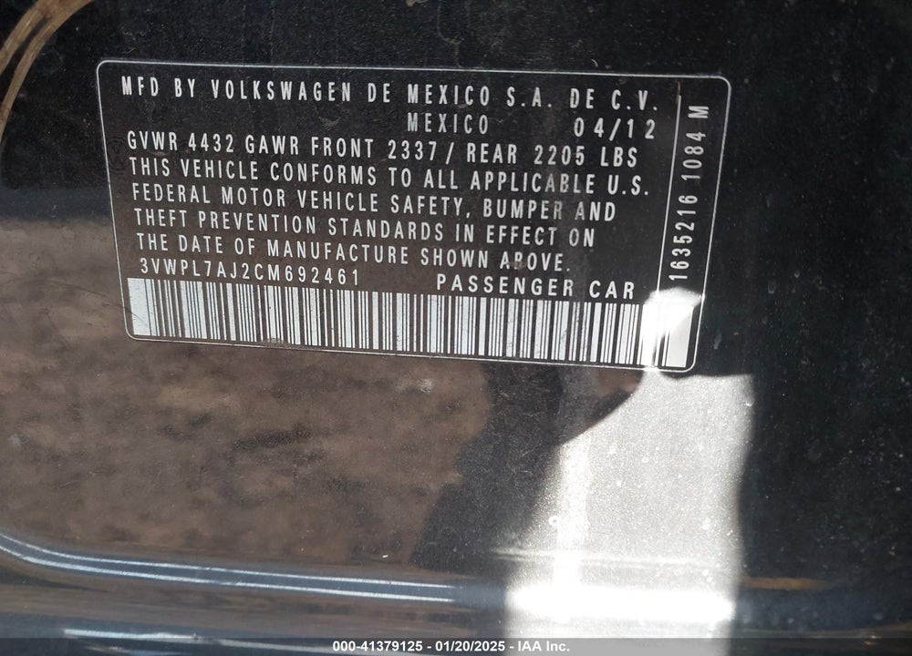 2012 VOLKSWAGEN JETTA VIN: 3VWPL7AJ2CM692461