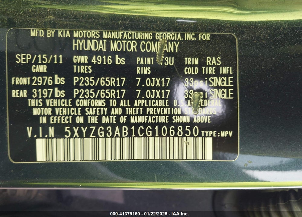 2012 HYUNDAI SANTA FE GLS VIN: 5XYZG3AB1CG106850