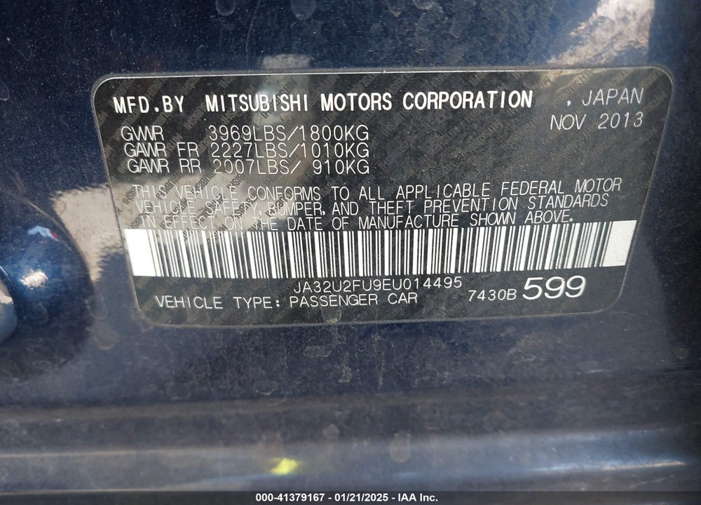 2014 MITSUBISHI LANCER VIN: JA32U2FU9EU014495