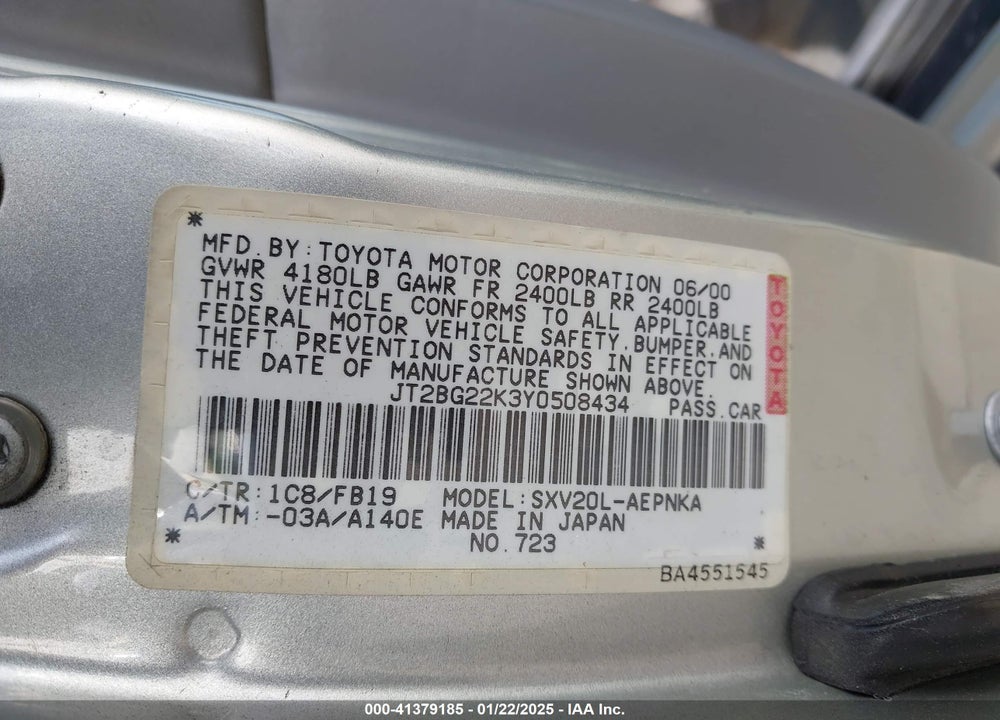 2000 TOYOTA CAMRY LE VIN: JT2BG22K3Y0508434