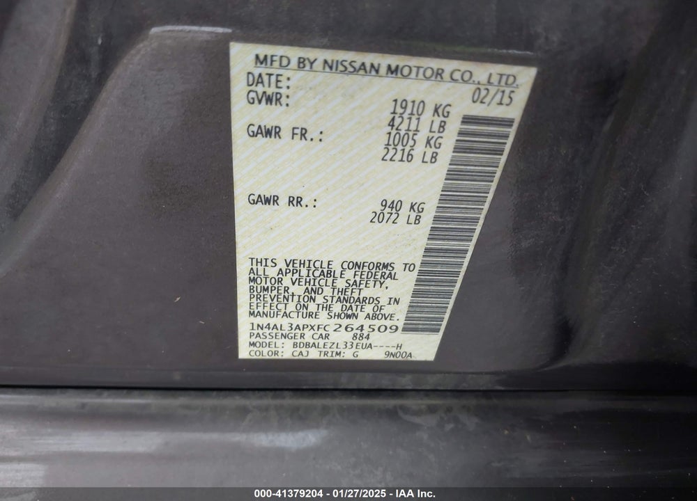 2015 NISSAN ALTIMA VIN: 1N4AL3APXFC264509