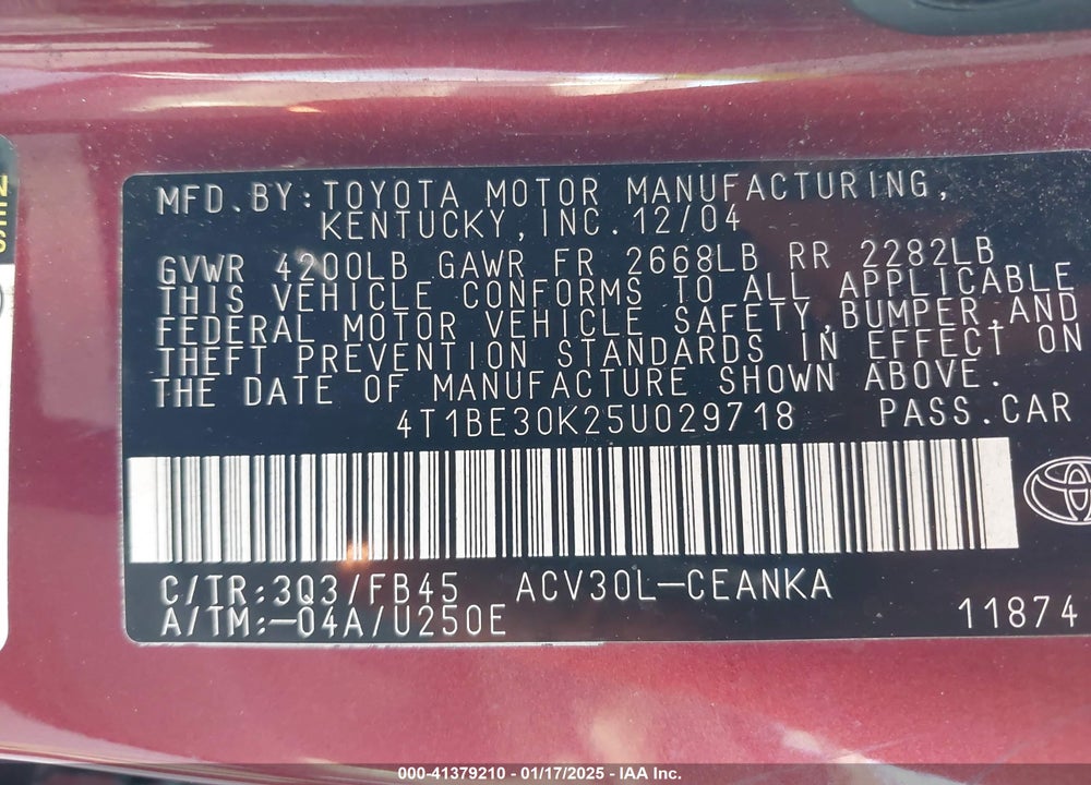2005 TOYOTA CAMRY LE VIN: 4T1BE30K25U029718
