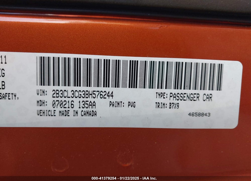 2011 DODGE CHARGER VIN: 2B3CL3CG3BH576244