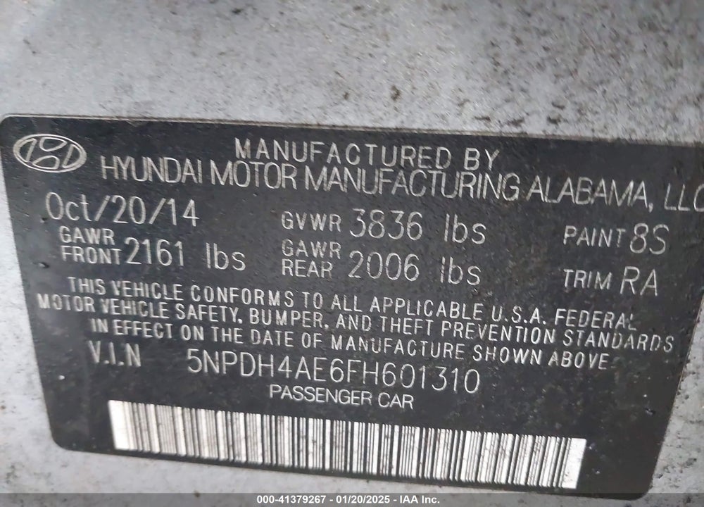 2015 HYUNDAI ELANTRA SE VIN: 5NPDH4AE6FH601310