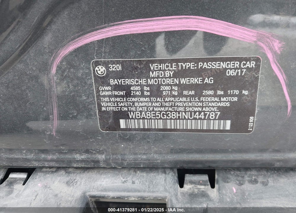 2017 BMW 320I VIN: WBA8E5G38HNU44787