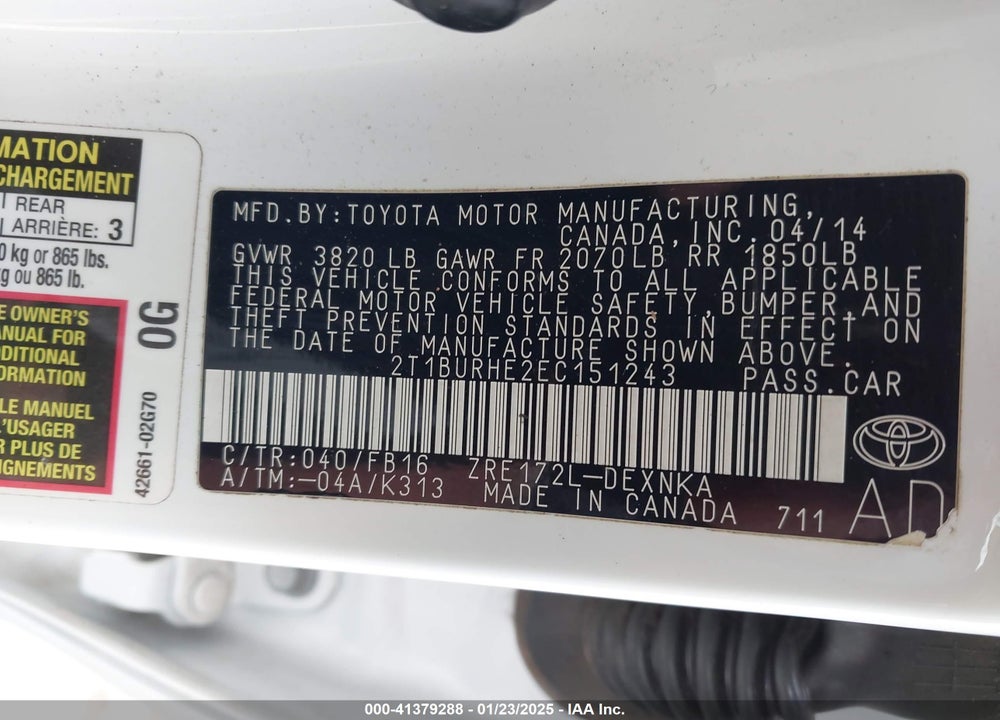 2014 TOYOTA COROLLA VIN: 2T1BURHE2EC151243