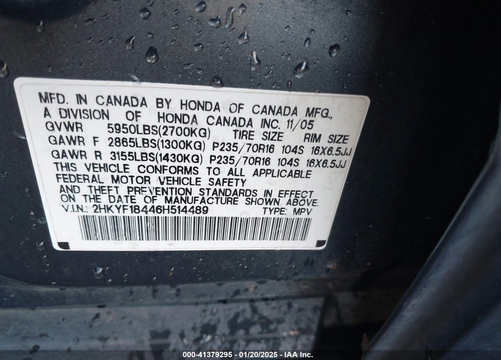 2006 HONDA PILOT EX VIN: 2HKYF18446H514489
