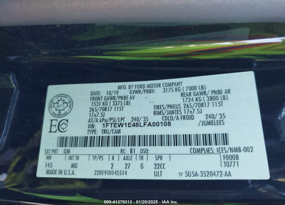 2020 FORD F-150 VIN: 1FTEW1E48LFA00108