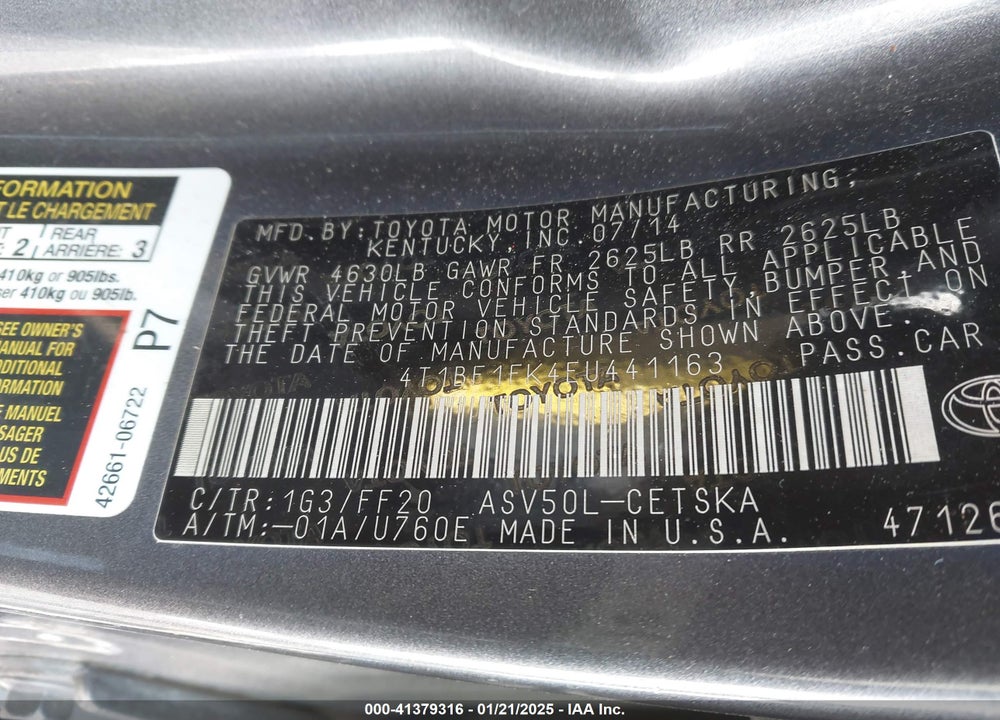 2014 TOYOTA CAMRY VIN: 4T1BF1FK4EU441163