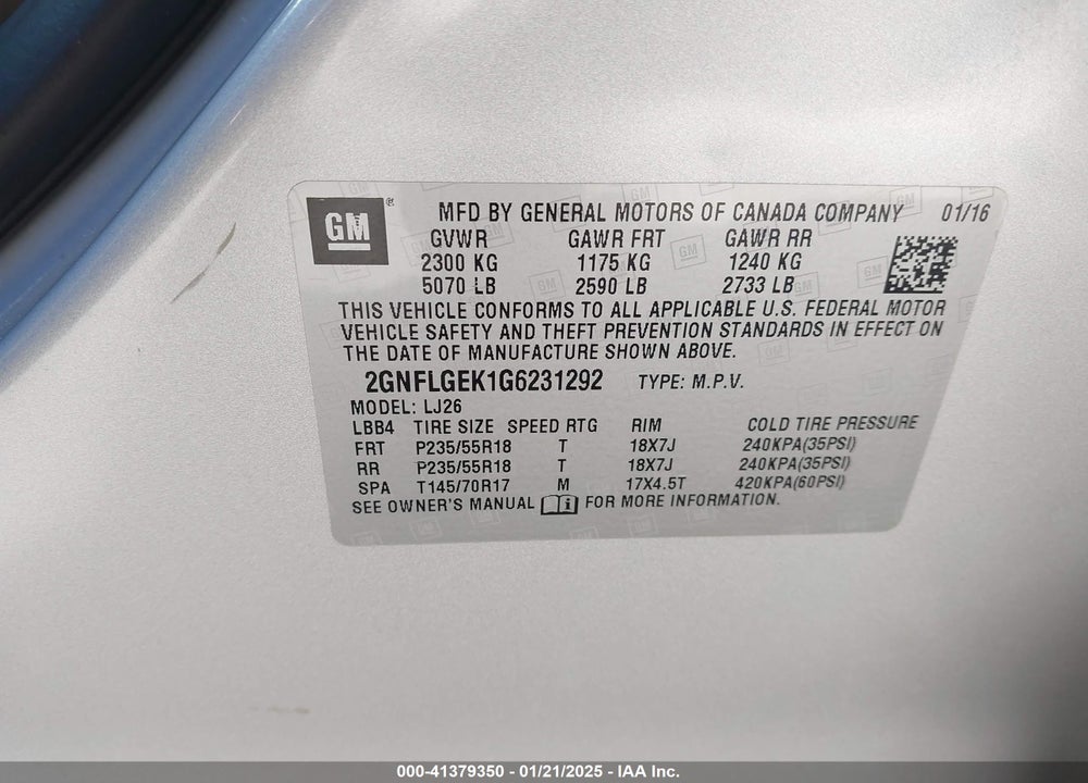 2016 CHEVROLET EQUINOX LTZ VIN: 2GNFLGEK1G6231292