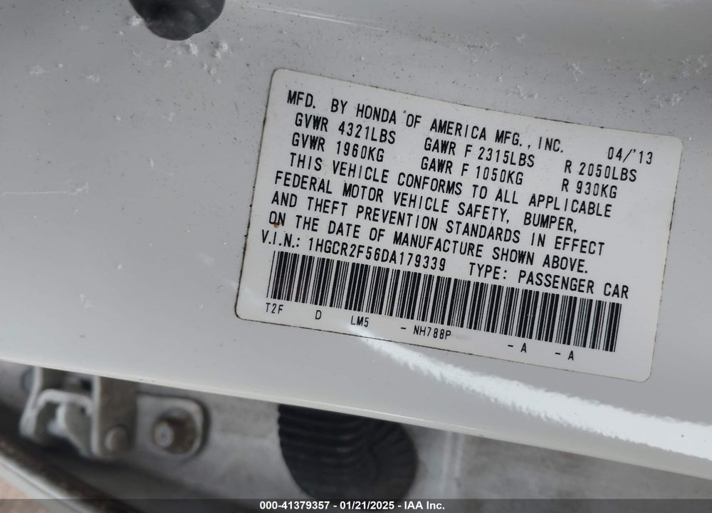 2013 HONDA ACCORD VIN: 1HGCR2F56DA179339