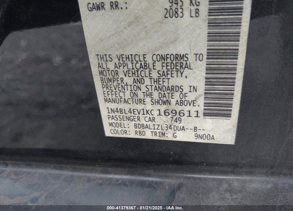 2019 NISSAN ALTIMA VIN: 1N4BL4EV1KC169611