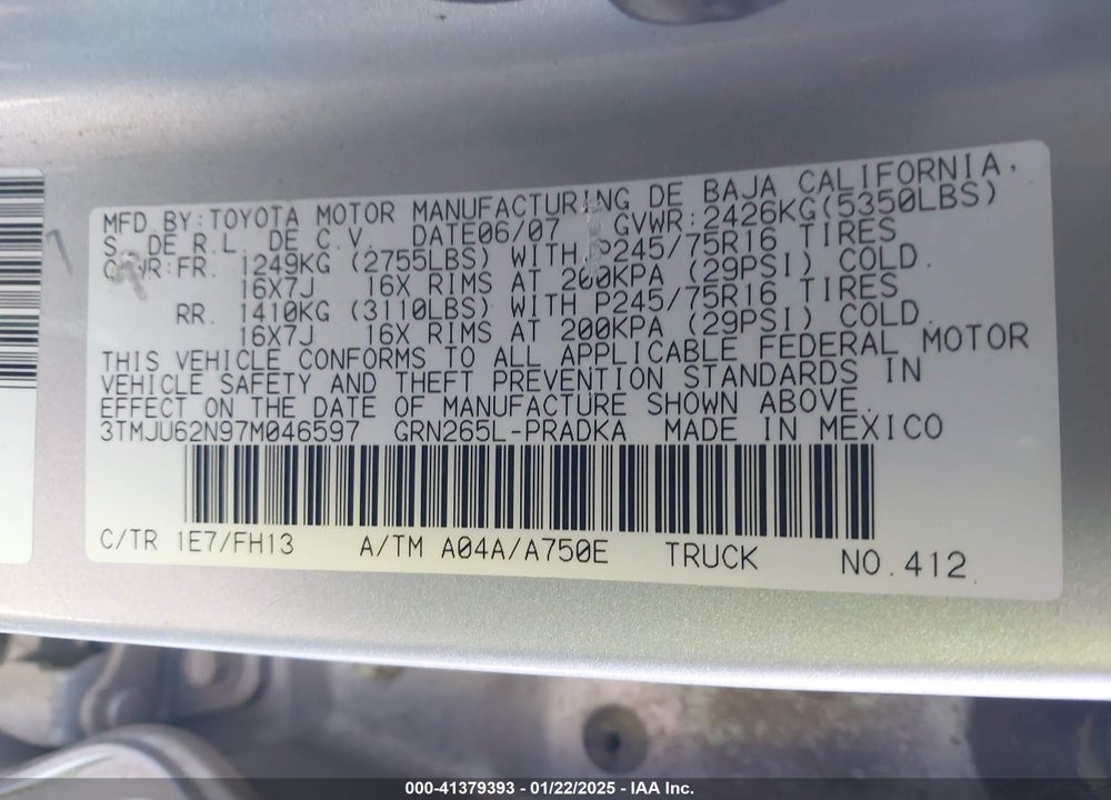 2007 TOYOTA TACOMA PRERUNNER V6 VIN: 3TMJU62N97M046597