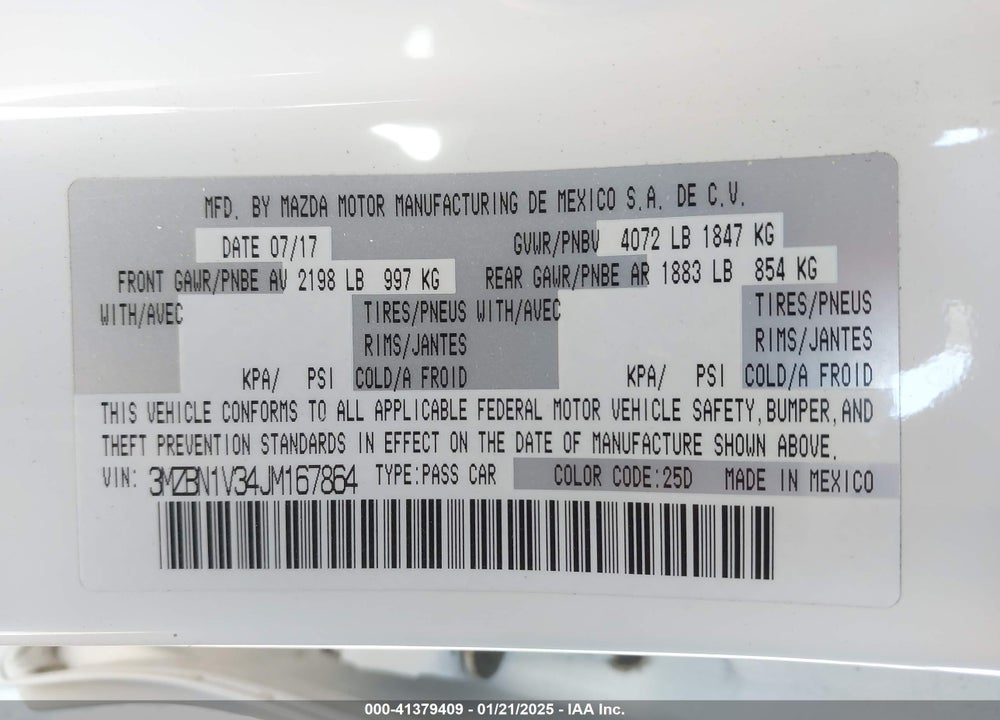 2018 MAZDA MAZDA3 VIN: 3MZBN1V34JM167864