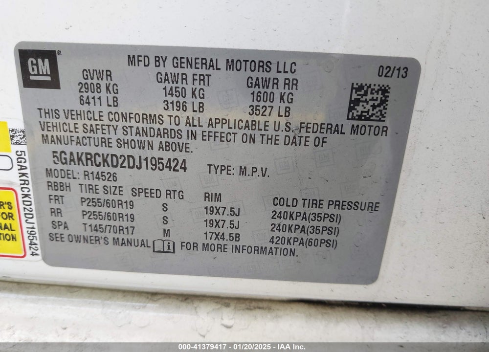 2013 BUICK ENCLAVE LEATHER VIN: 5GAKRCKD2DJ195424