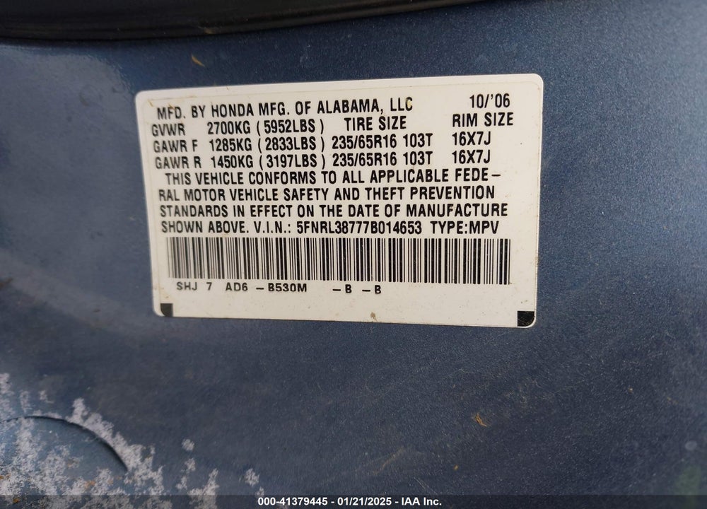 2007 HONDA ODYSSEY EX-L VIN: 5FNRL38777B014653