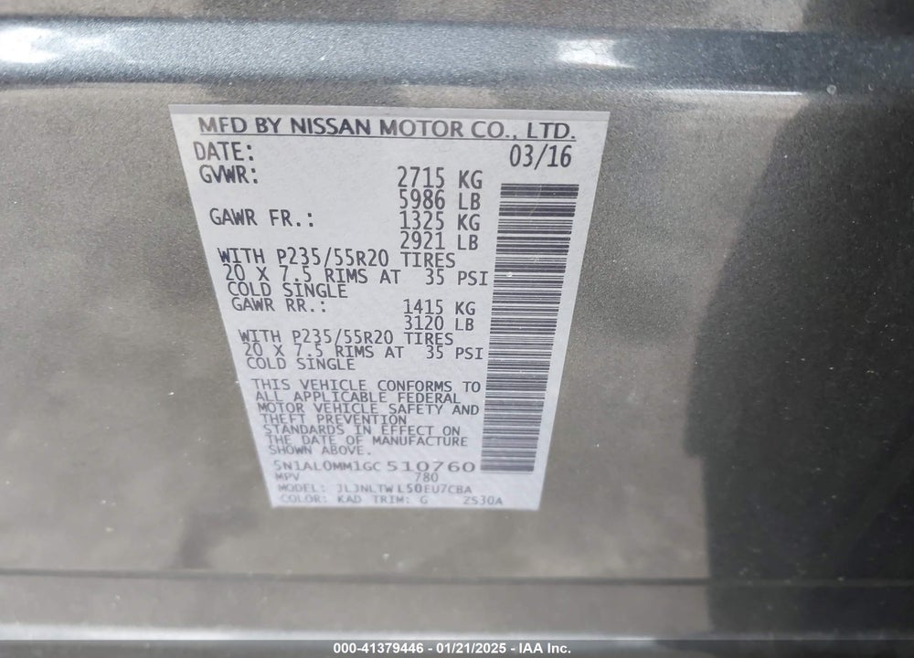 2016 INFINITI QX60 VIN: 5N1AL0MM1GC510760