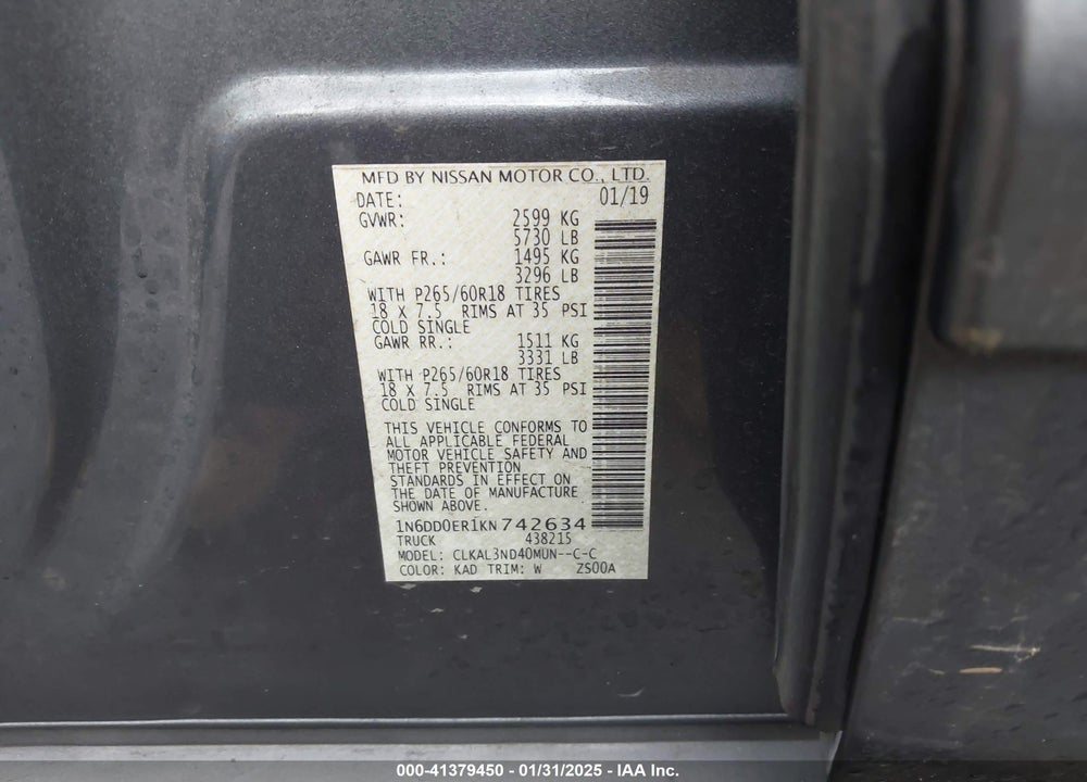 2019 NISSAN FRONTIER VIN: 1N6DD0ER1KN742634